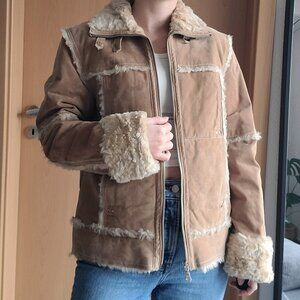 Wilsons Leather Maxima Sherpa Faux Fur Lined Tan Suede Full Zip Moto Jacket M